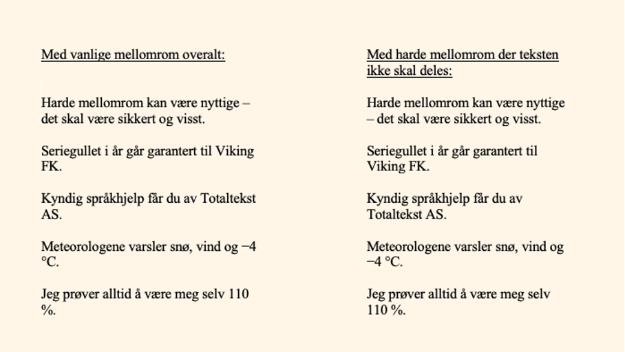 Skjermbilde av tekst med harde og mye mellomrom