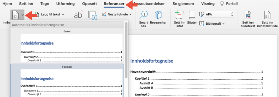 Automatisk innholdsfortegnelse i Word
