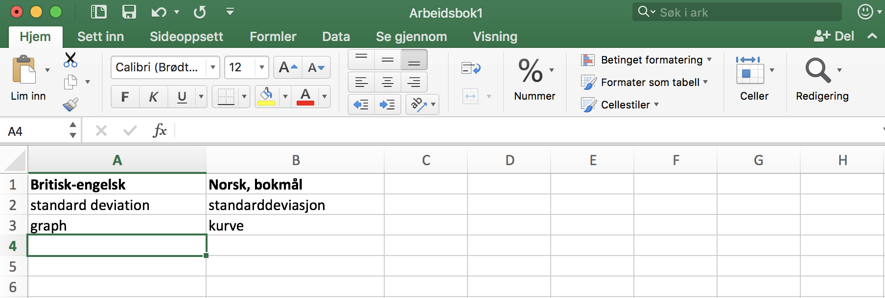 Excel-dokument med to kolonner